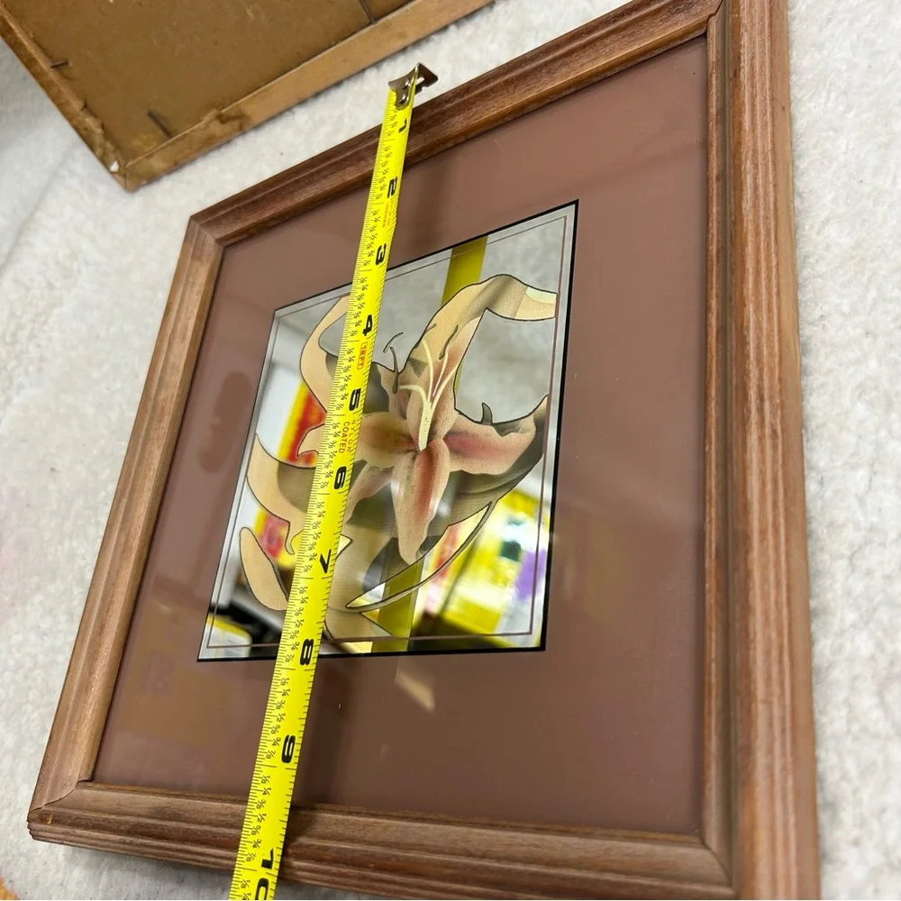 Vintage 90's wooden framed mirror mauve Lily & Lotus flower set 10